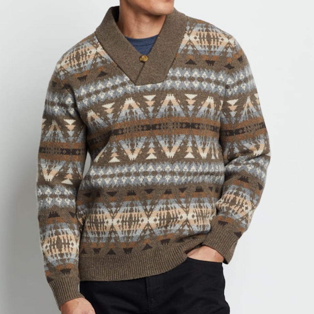 Pendleton Men's Summit Peak Lambswool Tan Blue Brown Sweater‎ Size XL